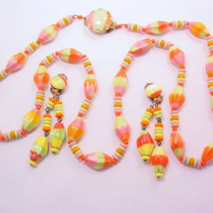 West German Striped Pink, Lime and Orange Glass Bead Necklace and Earrings Set