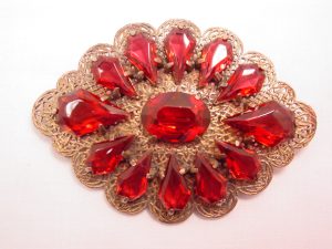 Beautiful Old Maroon Rhinestone and Filigree Pin