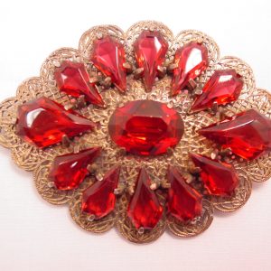 Beautiful Old Maroon Rhinestone and Filigree Pin