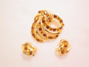 Lisner Topaz and Brown Rhinestone Pin and Earrings Set