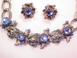 Beautiful Heavy German Blue RS Stylized Leaf and Pinecone Necklace and Earrings Set