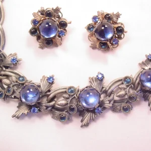 Beautiful Heavy German Blue RS Stylized Leaf and Pinecone Necklace and Earrings Set