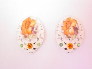 West Germany White Enamel Filigree and Flower Earrings