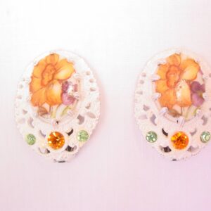 West Germany White Enamel Filigree and Flower Earrings