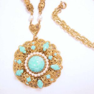 Imitation Turquoise and Pearl West German Necklace