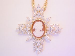 Amedeo Cubic Zirconia Cross and Real Shell Carved Cameo Necklace
