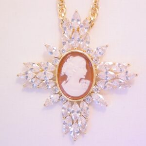 Amedeo Cubic Zirconia Cross and Real Shell Carved Cameo Necklace