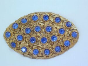 Giant Old Oval Floral Pin with Blue Rhinestones