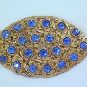 Giant Old Oval Floral Pin with Blue Rhinestones
