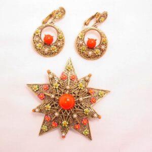 Art Filigree Starburst Floral Pin and Earrings Set