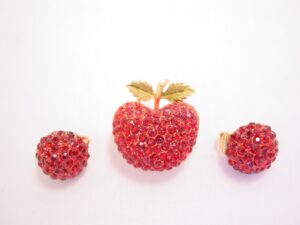 Red Rhinestone Apple Pin and Earrings Set