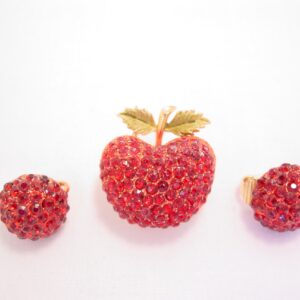 Red Rhinestone Apple Pin and Earrings Set