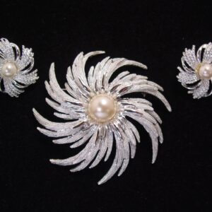 Sarah Coventry Silver Swirl and Pearl Pin and Earrings Set