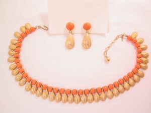 Trifari Coral and Brushed Goldtone Necklace and Earrings Set