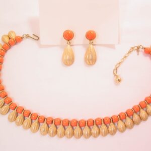 Trifari Coral and Brushed Goldtone Necklace and Earrings Set