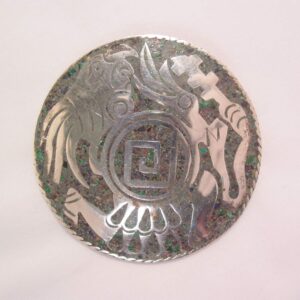Aztec Warrior Crushed Stone and Sterling Silver Round Pendant/Pin