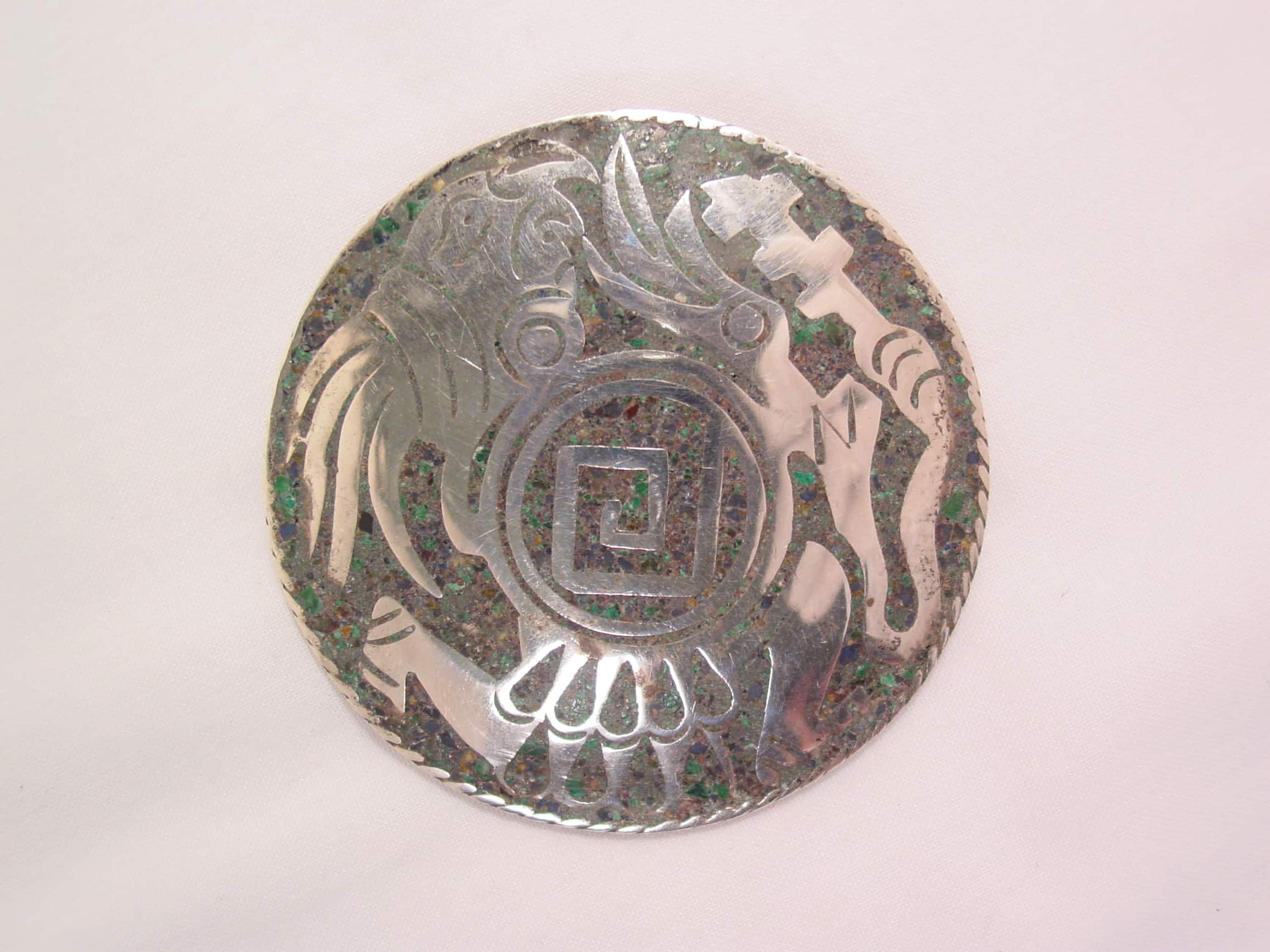 Aztec Warrior Crushed Stone and Sterling Silver Round Pendant/Pin