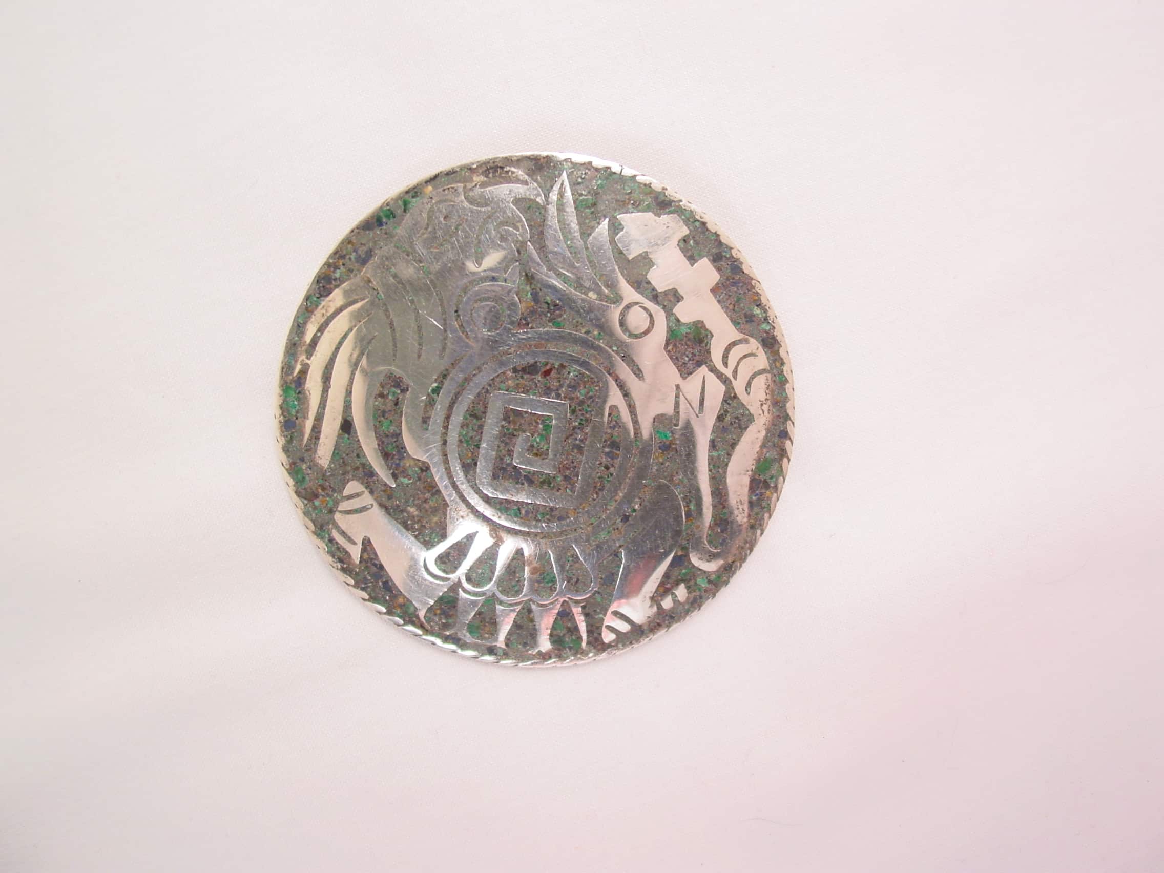 Aztec Warrior Crushed Stone and Sterling Silver Round Pendant/Pin - Image 2