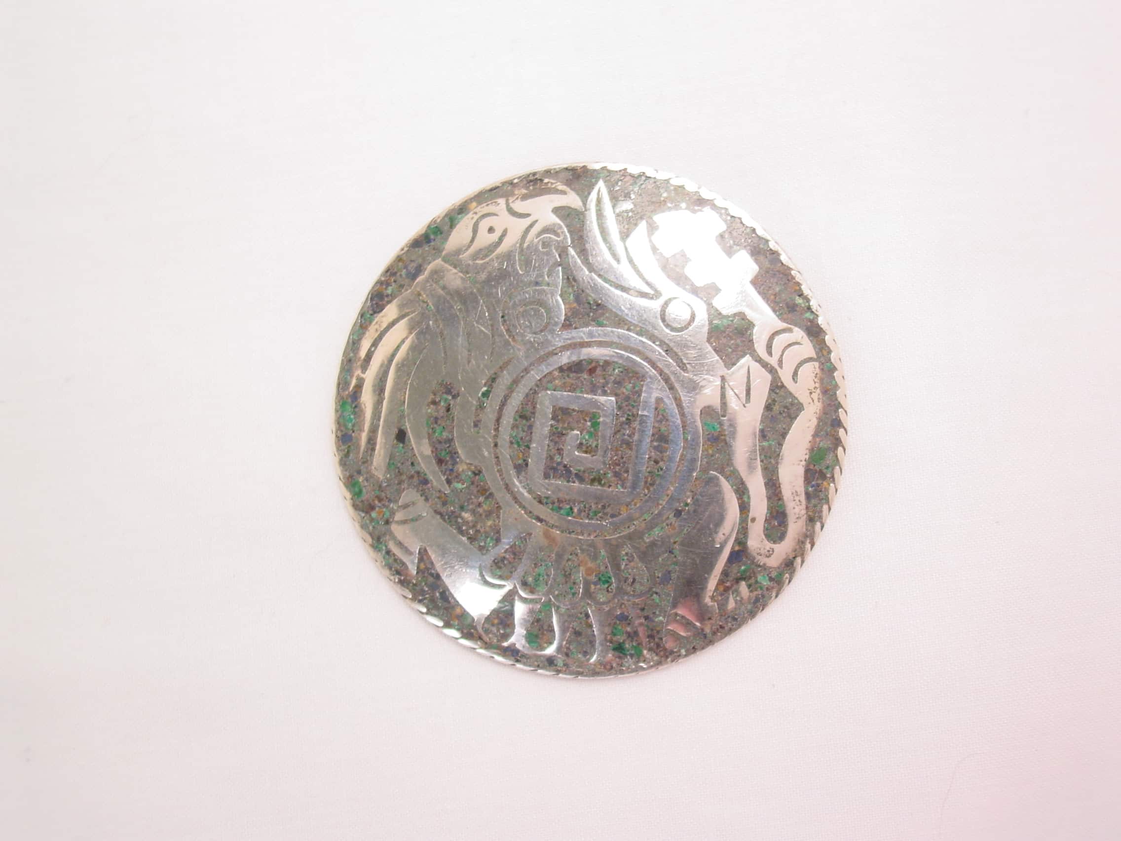 Aztec Warrior Crushed Stone and Sterling Silver Round Pendant/Pin - Image 3