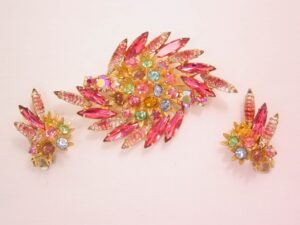Pink Givre and Pastel Rhinestone Pin and Earrings Set