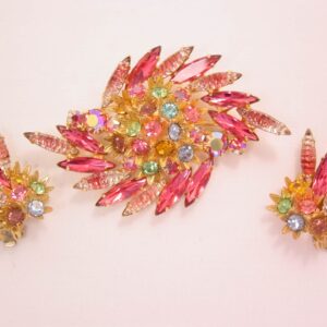 Pink Givre and Pastel Rhinestone Pin and Earrings Set