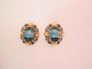 Amazing Marbleized Blue and Imitation Pearl West Germany Earrings