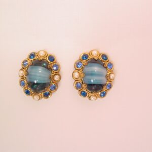 Amazing Marbleized Blue and Imitation Pearl West Germany Earrings