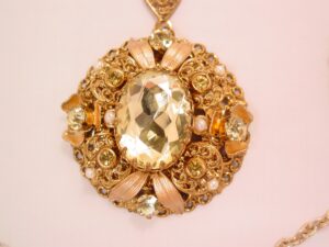 Yellow Rhinestone and Peach Enamel Germany Filigree Necklace