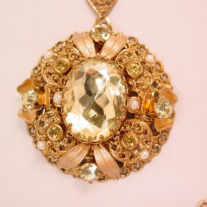 Yellow Rhinestone and Peach Enamel Germany Filigree Necklace