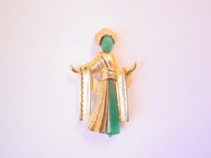 Jade and Goldtone Geisha Girl Pin
