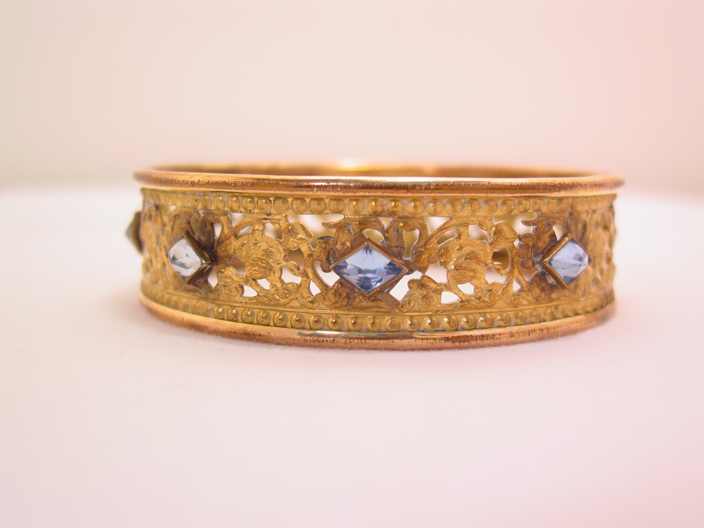 Beautiful Old Filigree and Blue Rhinestone Bangle Bracelet