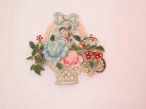 Flower Basket Pin with Pink and Blue Enamel Roses