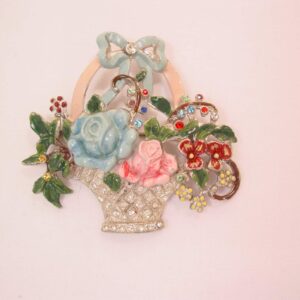 Flower Basket Pin with Pink and Blue Enamel Roses