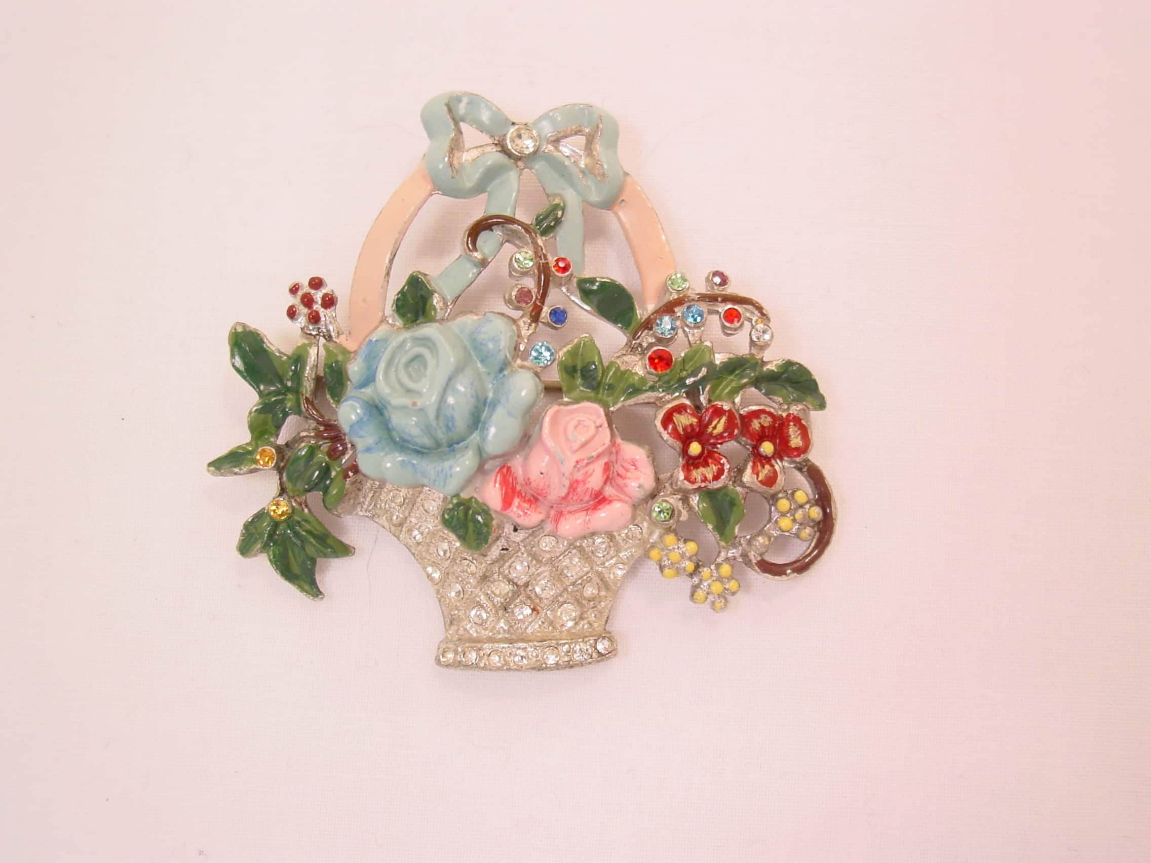Flower Basket Pin with Pink and Blue Enamel Roses
