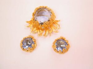 1959 De Nicola Ice Blue Rhinestone Lotus Flower Pin and Earrings Set