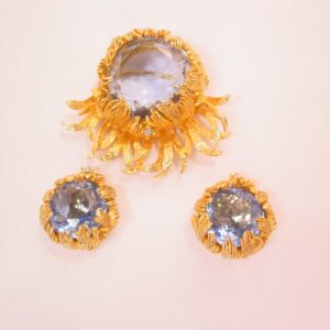 1959 De Nicola Ice Blue Rhinestone Lotus Flower Pin and Earrings Set