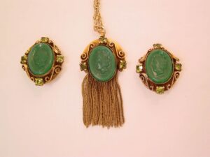 Victorian Style Dark Green Glass Cameo Necklace and Earrings