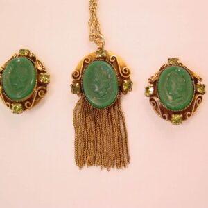 Victorian Style Dark Green Glass Cameo Necklace and Earrings