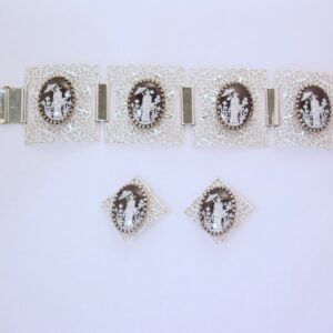Bright Silvertone Reverse Glass Intaglio Asian Woman with Umbrella Bracelet and Earrings
