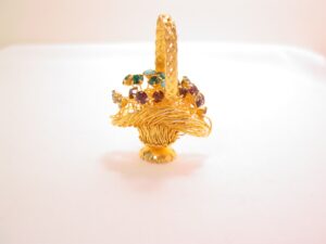 3-Dimensional Ornate Goldtone Woven Basket of Flowers Pin