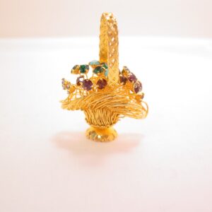 3-Dimensional Ornate Goldtone Woven Basket of Flowers Pin