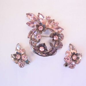 Dusty Pink Floral Rhinestone Pin and Earrings Set