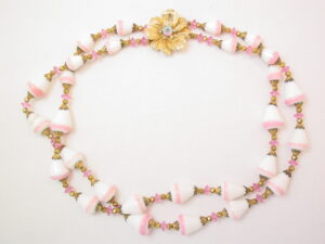 Dogwood with Pink Crystal and White Milk Glass Necklace