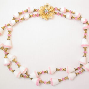 Dogwood with Pink Crystal and White Milk Glass Necklace