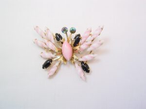 Black and Pink-Striped Rhinestone Butterfly Pin