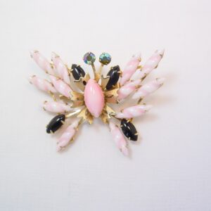 Black and Pink-Striped Rhinestone Butterfly Pin
