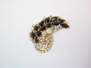 Black Rhinestone and Aurora Borealis Feather Pin