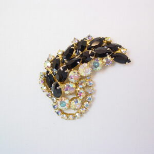Black Rhinestone and Aurora Borealis Feather Pin