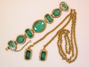 Victorian Forest Green Intaglio and Cameo Bracelet and Loop-Over Necklace