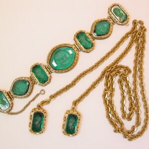 Victorian Forest Green Intaglio and Cameo Bracelet and Loop-Over Necklace